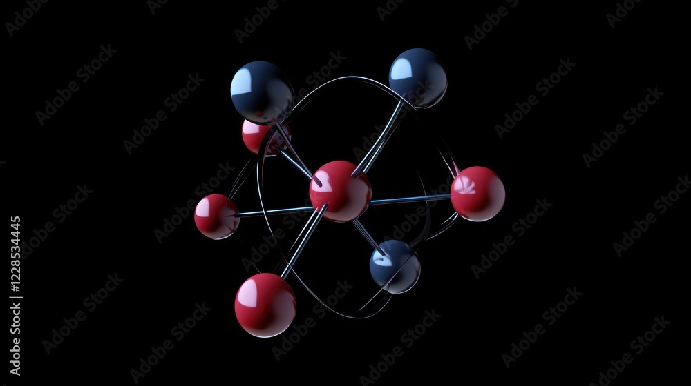 Poster abstract molecular structure: a 3d rendering of a complex molecule with red and dark gray spheres co