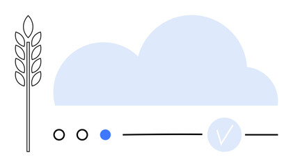 Wheat stalk with blue cloud, horizontal progress bar featuring blue dot and tick icon. Ideal for agriculture, technology, data analysis, cloud computing, progress tracking, environmental