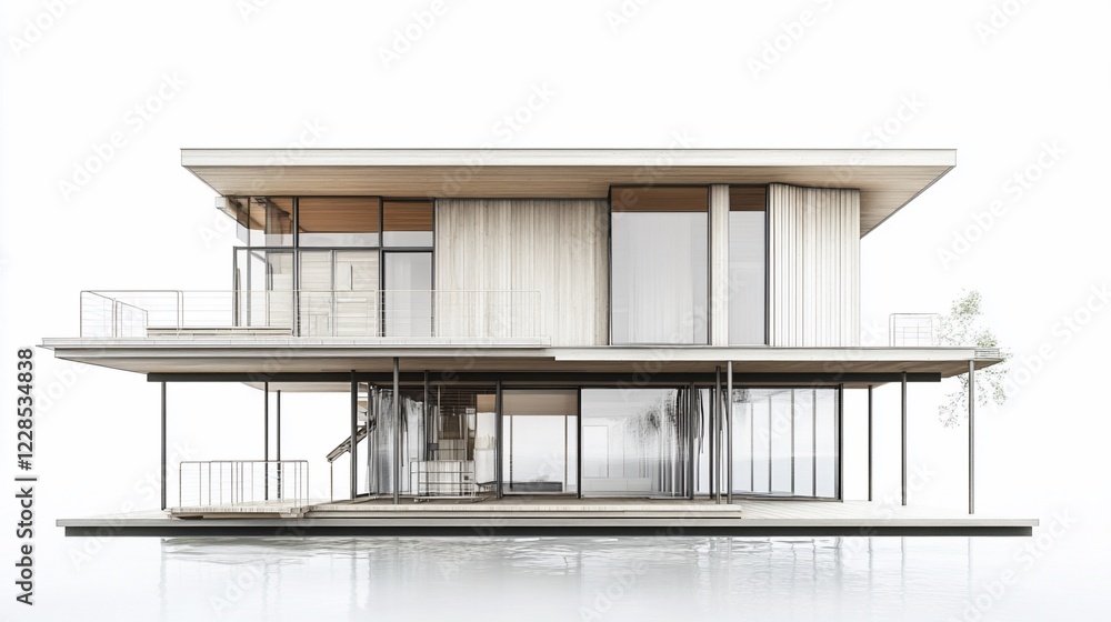 Aufkleber modern architectural rendering of a two-story house with a minimalist design and water reflection