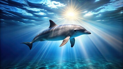 Dolphin swimming in blue ocean with light on water surface, light on water