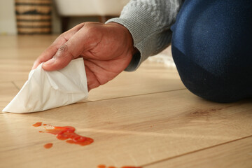 Cleaning up a spill on the wooden floor