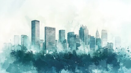 Urban Skyline Watercolor Art with Soft Colors and Abstract Elements