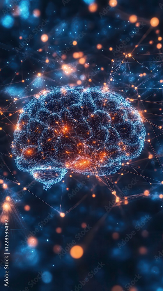 Poster exploration of neural pathways in a glowing abstract representation of the human brain. generative a