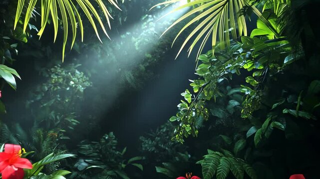 Lush tropical rainforest with vibrant red flowers and green foliage.