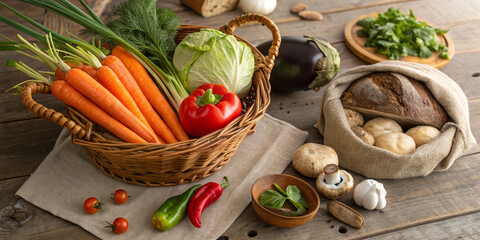  organic farm produce including fresh carrots, peppers, mushrooms, and bread, artistically arranged in a rustic setting to highlight natural and healthy food choices