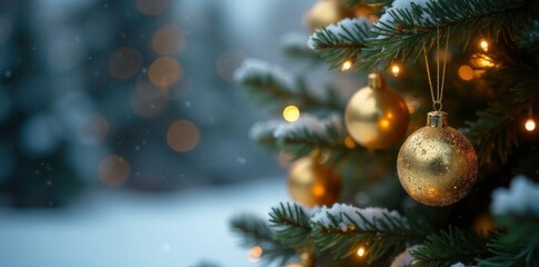 Obraz premium Sparkling gold ornaments scatter across the bare Christmas tree branches, festive, ornaments, winter