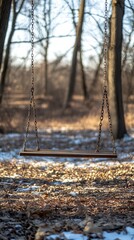 Obraz premium Empty Swing Set Swaying Gently in the Wind in a Quiet Wooded Area Reflecting Nostalgia. Generative AI