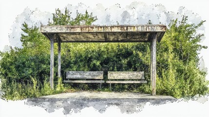 Rustic Bus Stop Sheltered by Overgrown Greenery and Natural Landscape