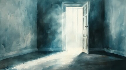 Mystic Light Illuminating an Open Door in a Dark Room