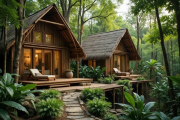 Two Bamboo Cabins Nestled In Lush Green Forest