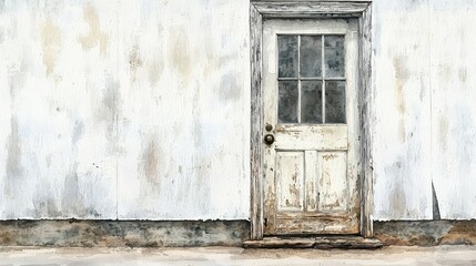 Fototapeta premium Weathered Wooden Door Against Faded White Wall with Peeling Paint