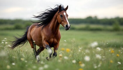 Stunning Bay Horse Running in Wildflower Meadow