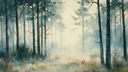 Obraz premium Misty Forest Landscape with Soft Light and Tall Trees in Watercolor