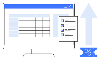 Fototapeta premium Computer screen displaying a data table, floating checklist with checkmarks, upward arrow signaling growth, and percentage sign. Ideal for data analysis, productivity, growth metrics, performance
