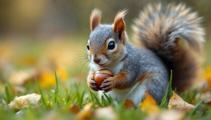 Obraz premium Adorable Squirrel Holding Acorn in Autumn Leaves