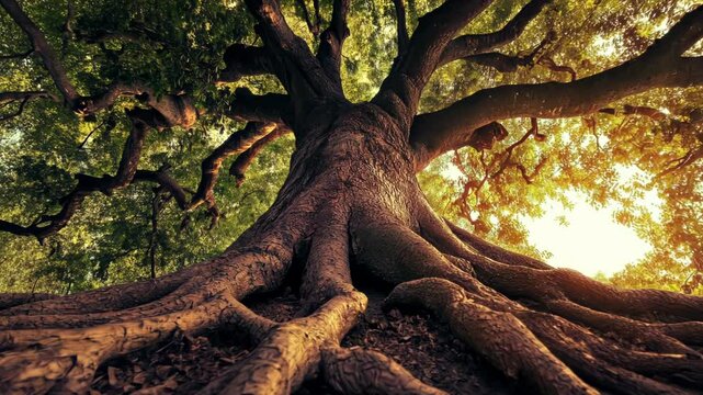 Majestic ancient tree with sprawling roots and sunlit canopy viewed from below.