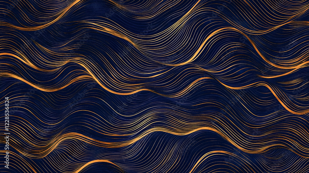 Poster luxurious golden wavy pattern creating an elegant vibe on deep navy blue background at evening time.