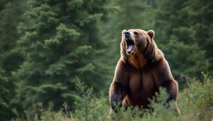 Fototapeta premium Roaring Grizzly Bear in Forest Nature Wildlife Photography