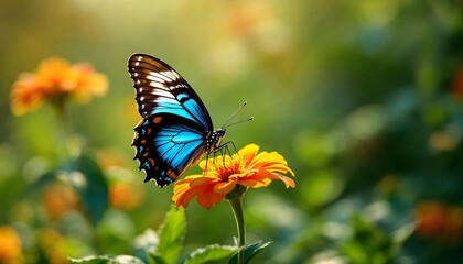 Obraz premium Vibrant Blue Butterfly on Orange Flower in Garden