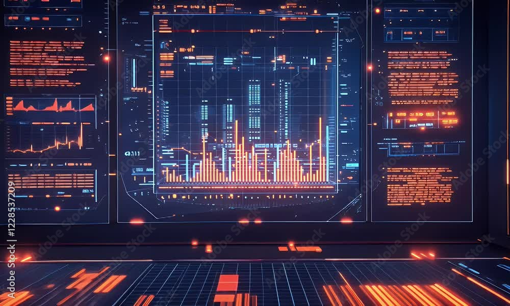 Poster futuristic control room displays financial data; background shows glowing tech interfaces; useful fo