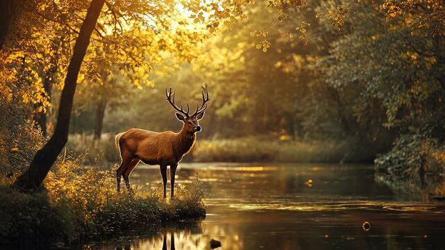 Majestic stag stands by tranquil river at golden hour, surrounded by autumnal forest.