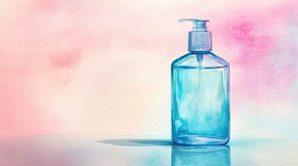 Blue Transparent Bottle with Pump against Soft Watercolor Background