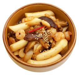 Toppoki, Royal Korean Soy Sauce Rice Cakes with Seafood and Vegetables