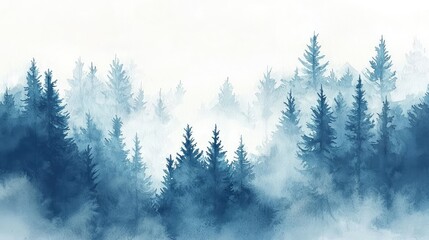 Misty Blue Forest Landscape in Soft Watercolor Style