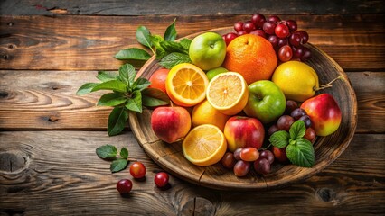 A vibrant still life showcasing an assortment of fresh fruits arranged artfully on a rustic wooden surface