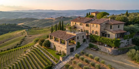 Fototapete Rund Scenic countryside villa surrounded by lush vineyards and rolling hills at sunset in Tuscany, Italy © STUDIO MELANGE