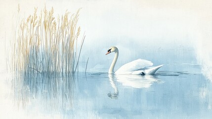 Obraz premium Elegant Swan Gliding on Calm Water with Soft Reeds in the Background