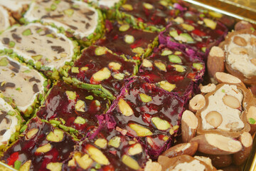 Colorful traditional confections are beautifully arranged..
