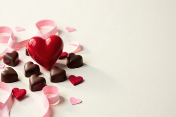 A Large Red Heart Surrounded by Smaller Chocolate Hearts and Pink Ribbons on a White Background