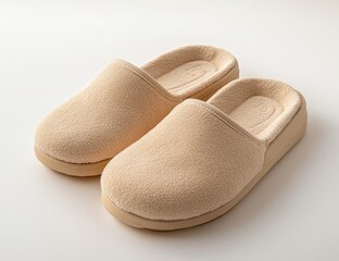Pair of beige fleece slippers on white background.
