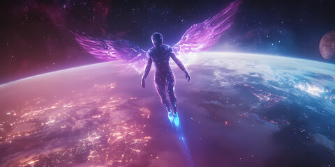 A man in a space suit is flying through the sky above a planet