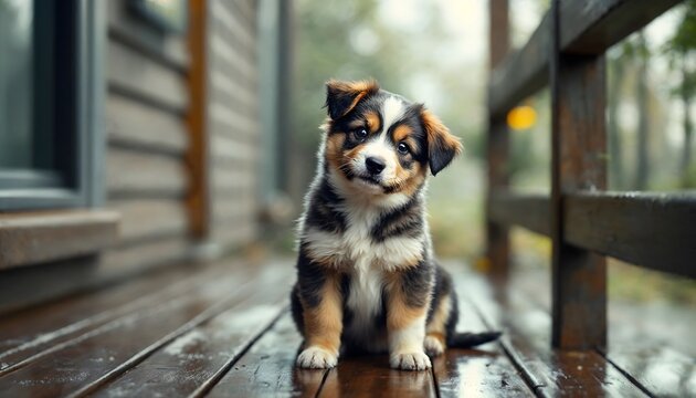 Adorable Puppy on Wooden Deck in the Rain