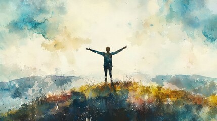 Person Standing on Hilltop with Arms Open Under Colorful Sky