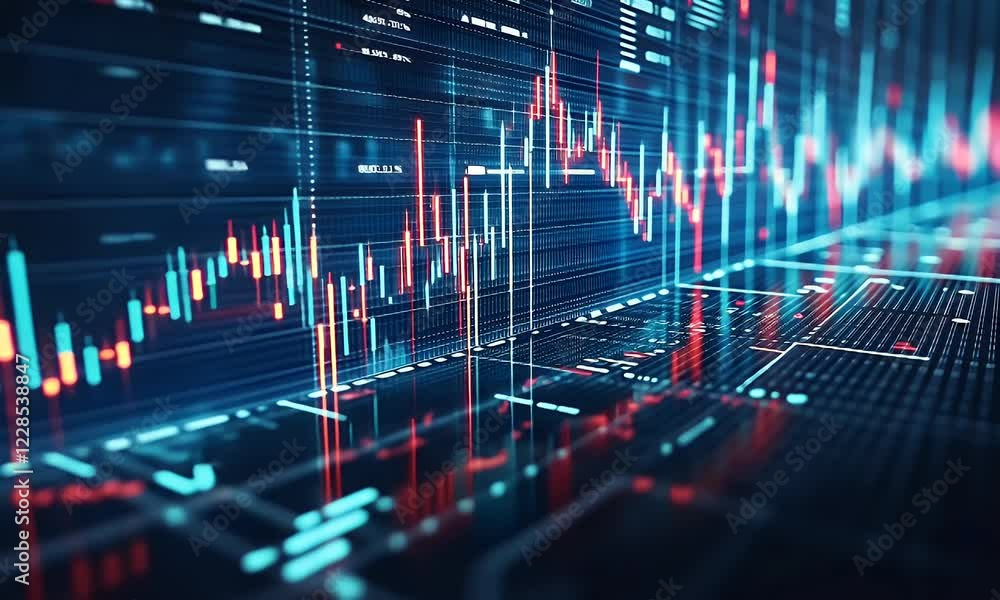 Poster global financial market data visualization; stock market trends; background digital patterns; for fi