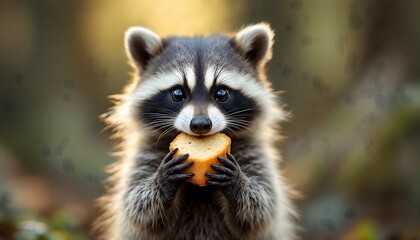 Naklejka premium Adorable Raccoon Eating Bread in Forest Sunset