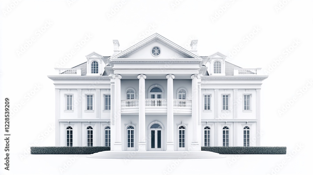 Poster minimalist rendering of a grand white mansion with columns and classic architecture