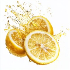 Fresh lemon slices splashing juice, white background, advertising