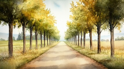 Serene Pathway Through Autumn Trees in a Tranquil Landscape Scene
