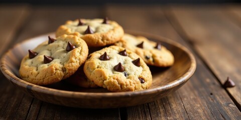 A delightful arrangement of freshly baked, golden-brown cookies, adorned with decadent chocolate chips, rests on a rustic wooden plate.
