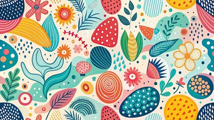 Abstract Colorful Doodle Art with Flat Style Shapes and Organic Patterns for Contemporary Decor