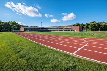 Obraz premium Running track and school building on a sunny day. Perfect for education, sports, and healthy lifestyle concepts.