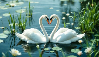Obraz premium Two Swans Forming Heart on Calm Lake Water