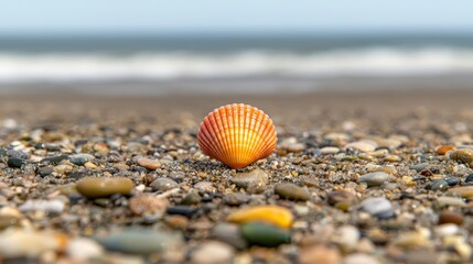 Obraz premium Tranquil seascape, a serene shell resting on the golden sands of peaceful beach