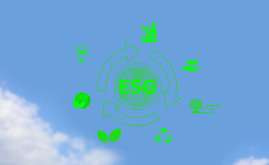 esg has a business and ecosystem background with environmental icons including technology, using the concept of nature as a city that uses most of the money, green as trees.

