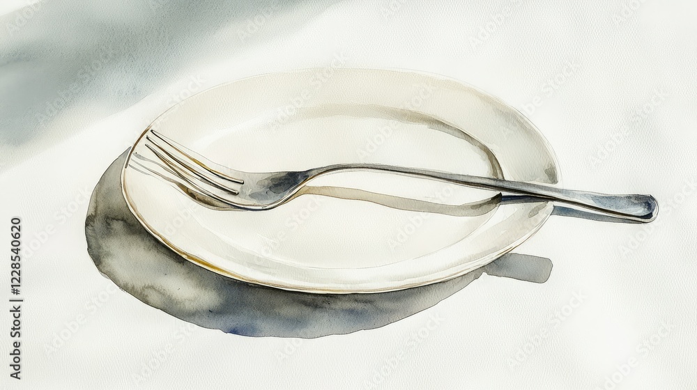 Poster minimalist plate and fork on white background with soft shadows