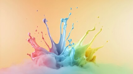 Fototapeta premium Colorful paint splashes on a vibrant yellow background, an abstract art explosion